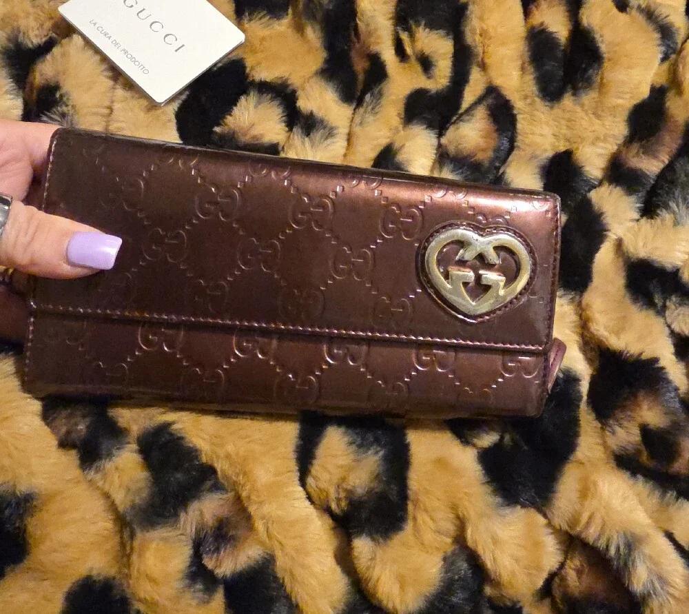 Gucci Metallic Brown GG Embossed Continental Wallet with Gold Heart Logo
